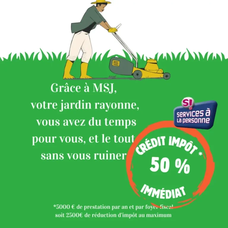 Homme tondant une pelouse avec un texte sur les services de jardinage et une offre de crédit d'impôt.